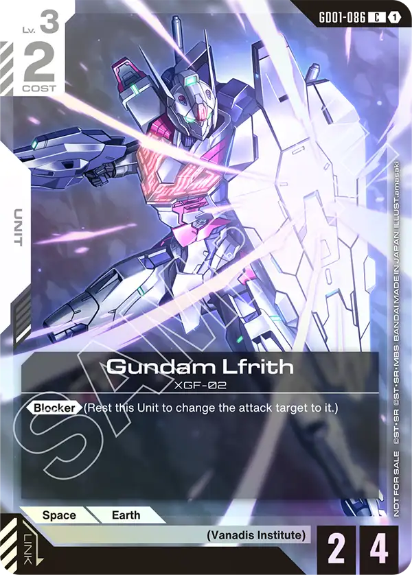 Gundam Lfrith [C] card illustration from Championship Participation Pack 01, featuring the unit and its abilities.