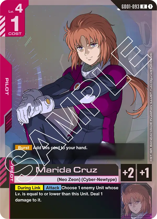 Marida Cruz [R] Gundam Card Game card featuring character portrait, stats, and card effect details.