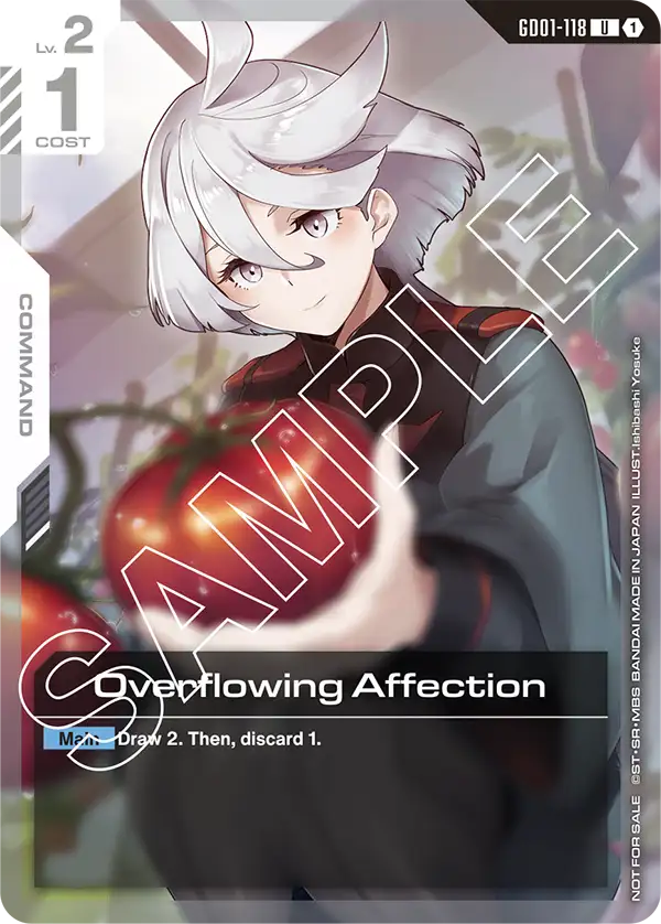 Gundam Card Game card: Lv. 2 "Overflowing Affection" command card featuring a female character.