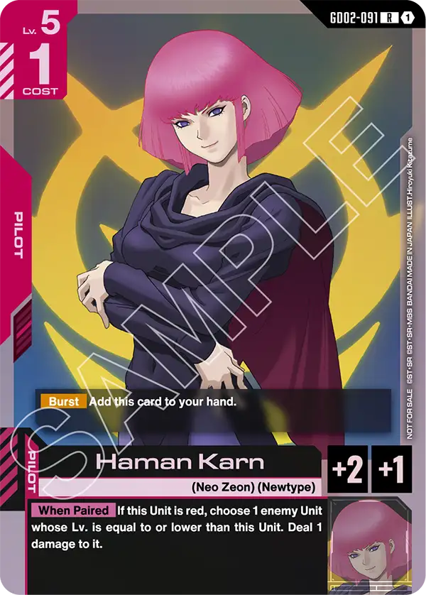 Haman Karn Pilot card illustration, Neo Zeon character art, card details and effects.