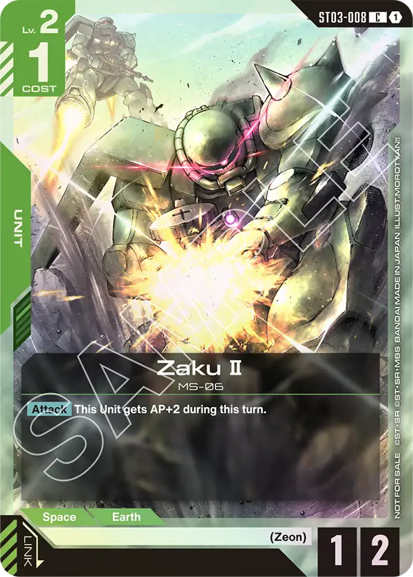 Gundam Card Game card: Zaku II MS-06 unit, attack illustration, Green/White Ramp Deck.